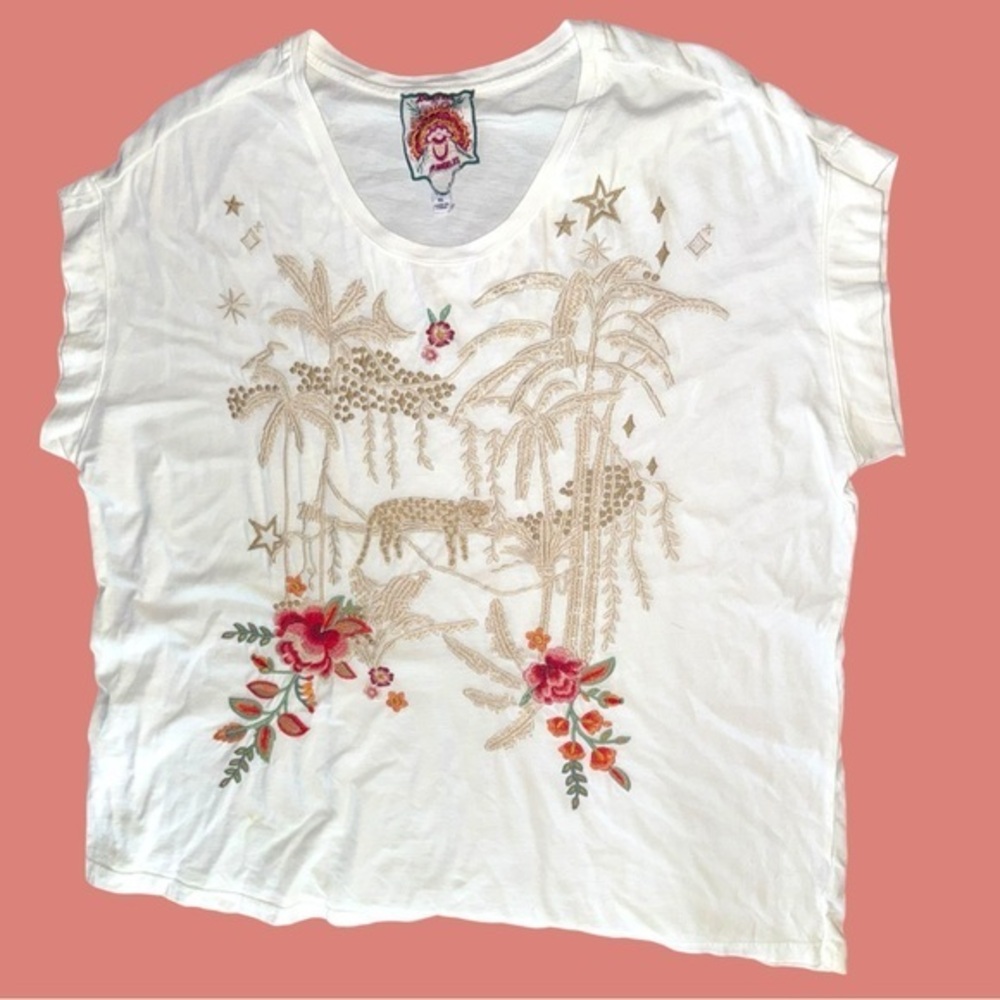 ▶️ Johnny Was ◀️ Tiger Tropical Embroidered Short Sleeve Top Shirt XL